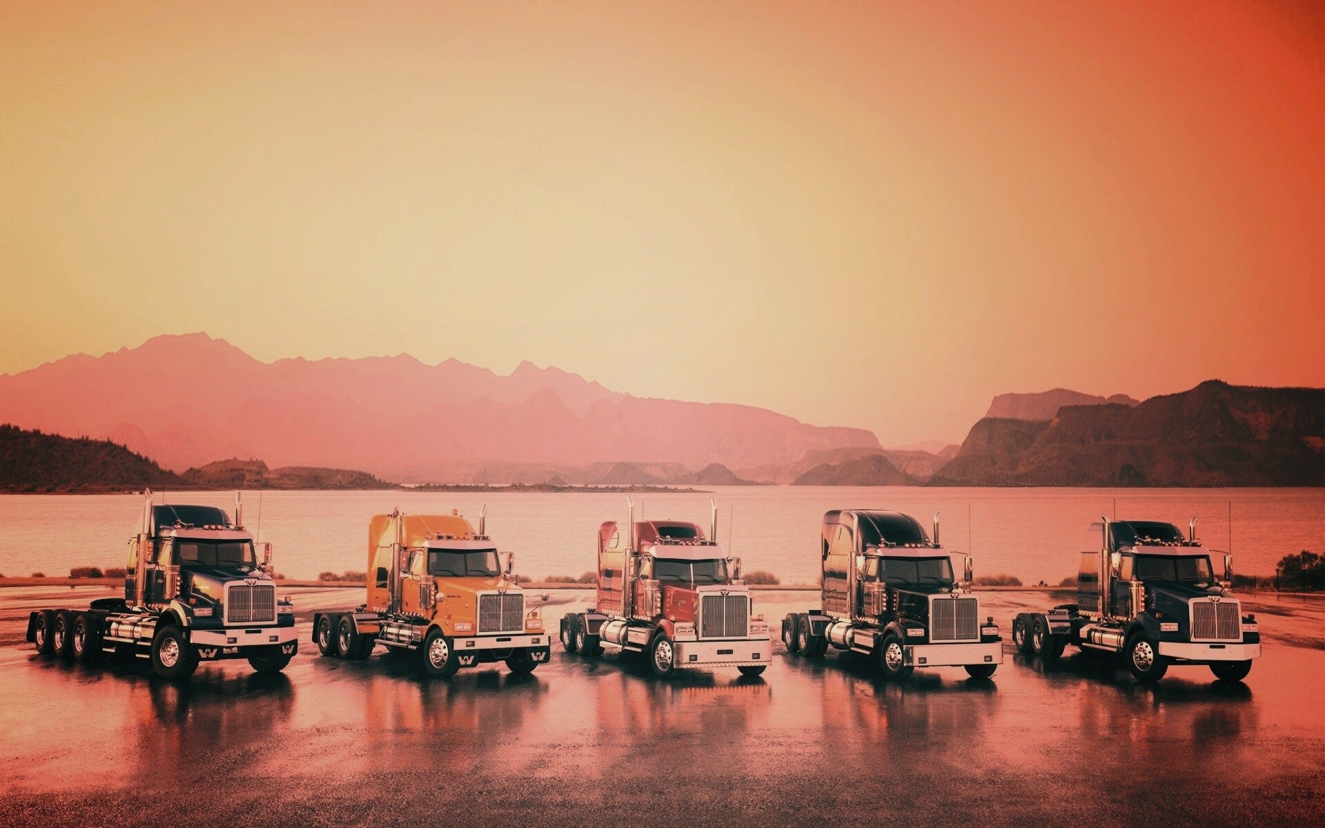 Тягачи на фоне озера обои