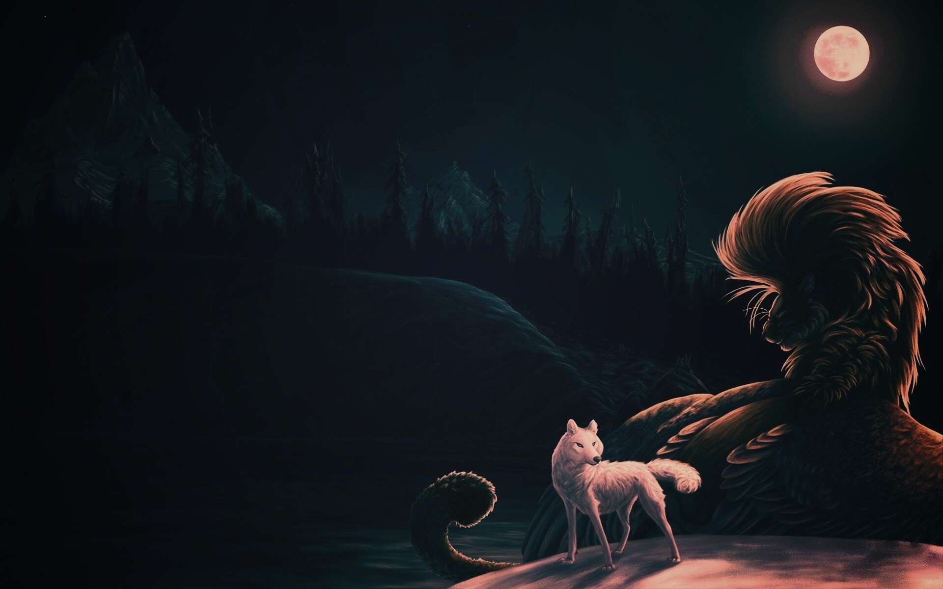 Волк и лев при луне обои