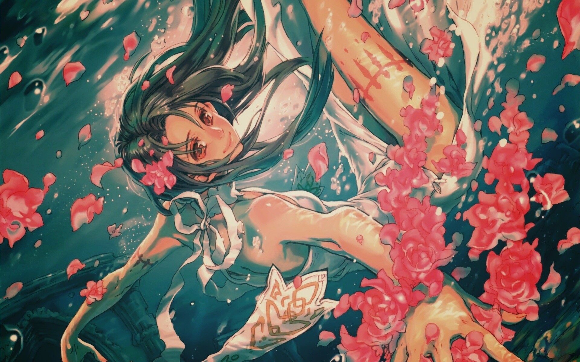 Девушка из аниме под водой обои