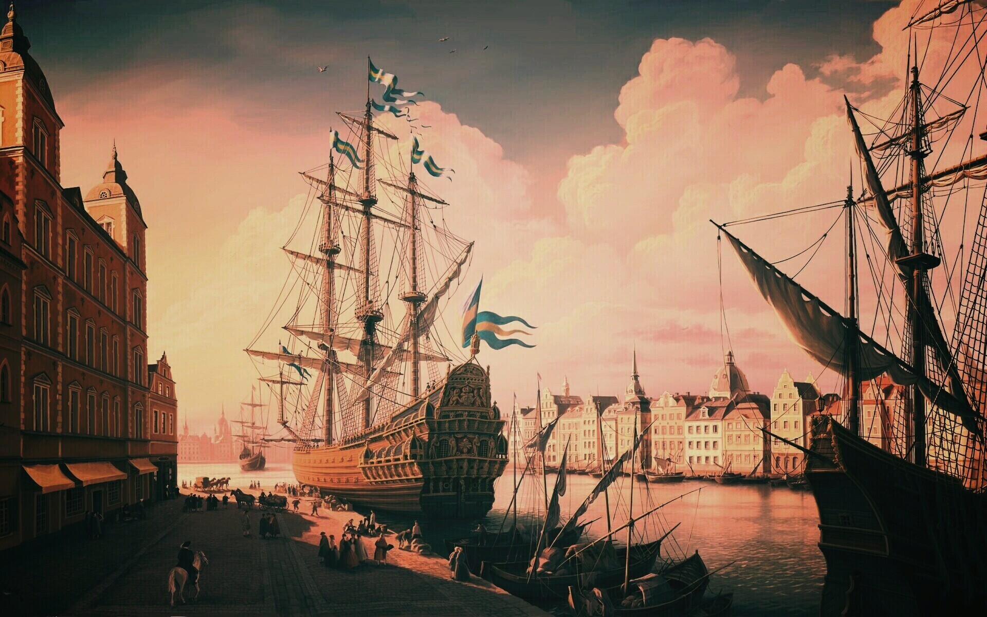 Парусник на набережной обои