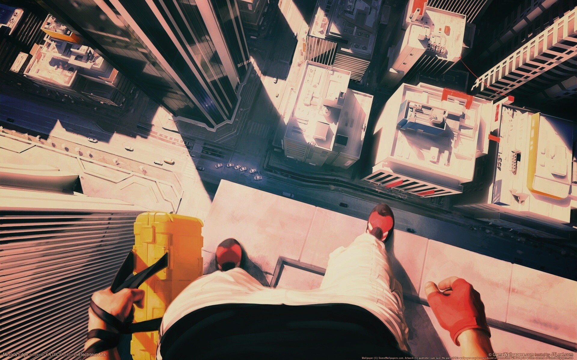 Фейт на краю небоскреба обои