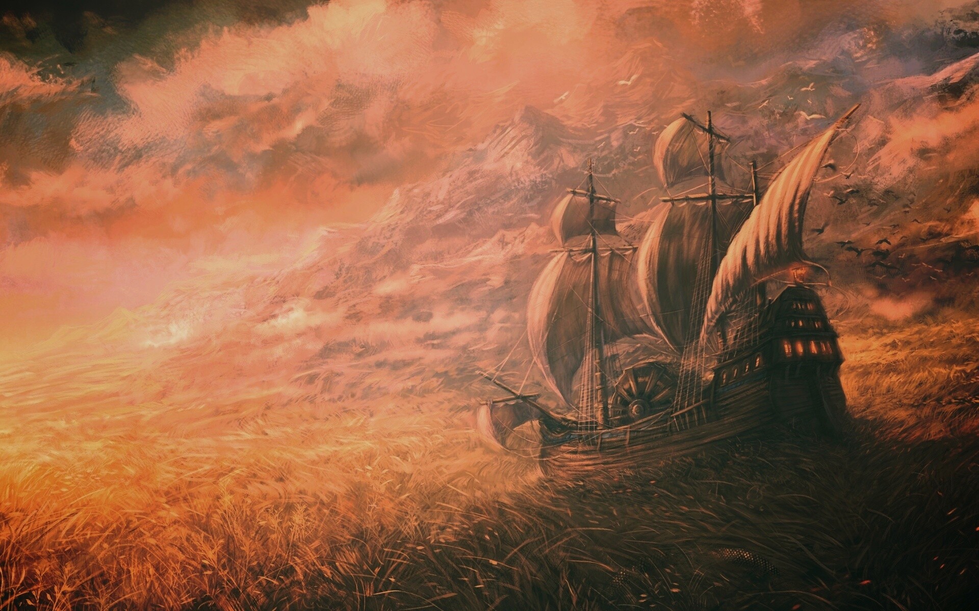 Корабль в море травы обои