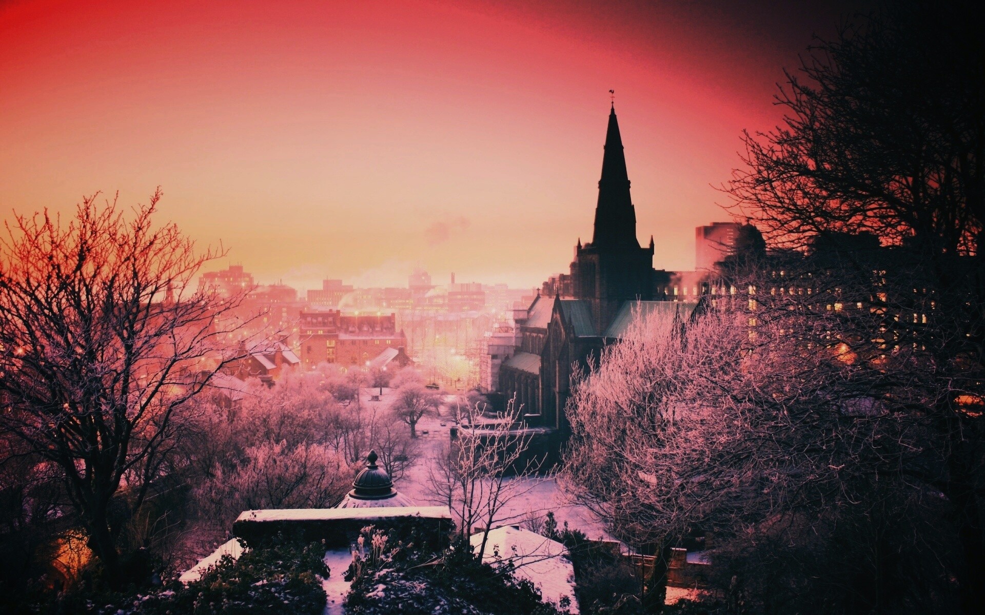 Закатный город зимой обои