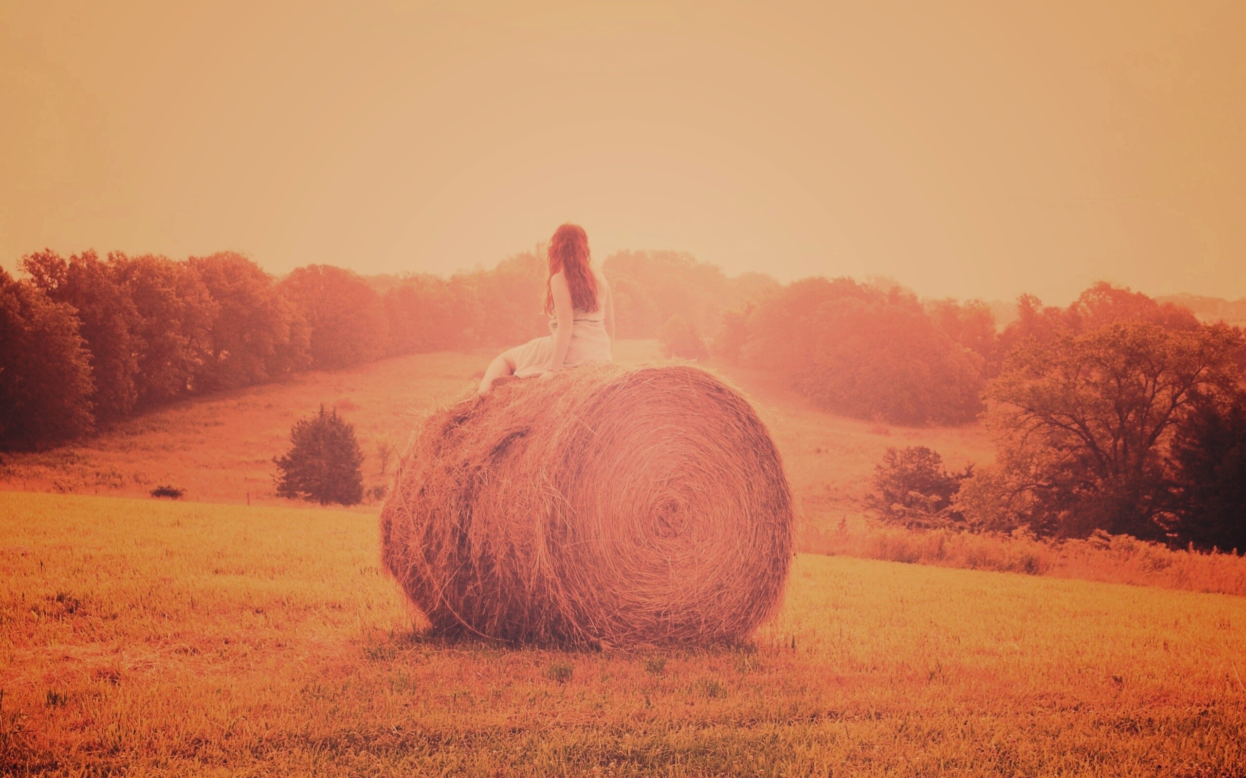Девушка на снопе сена обои