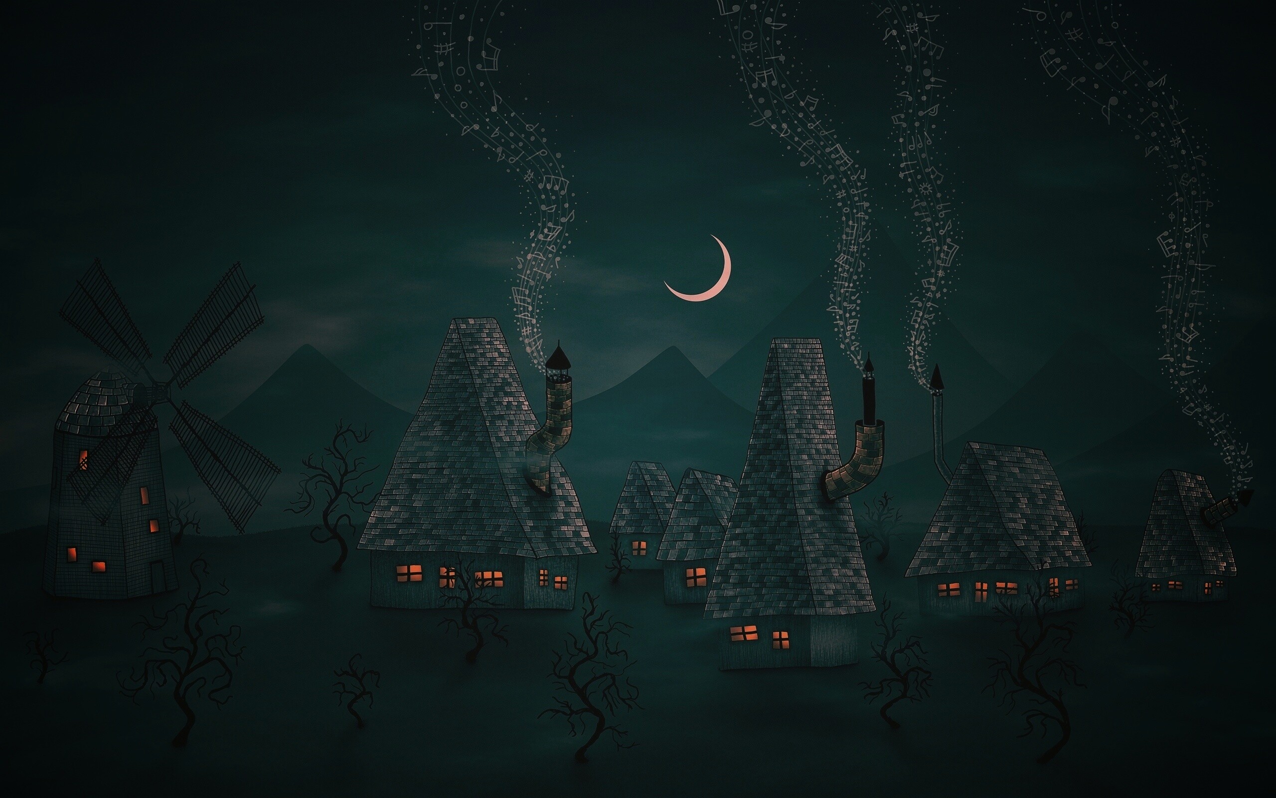 Ночная деревенька обои