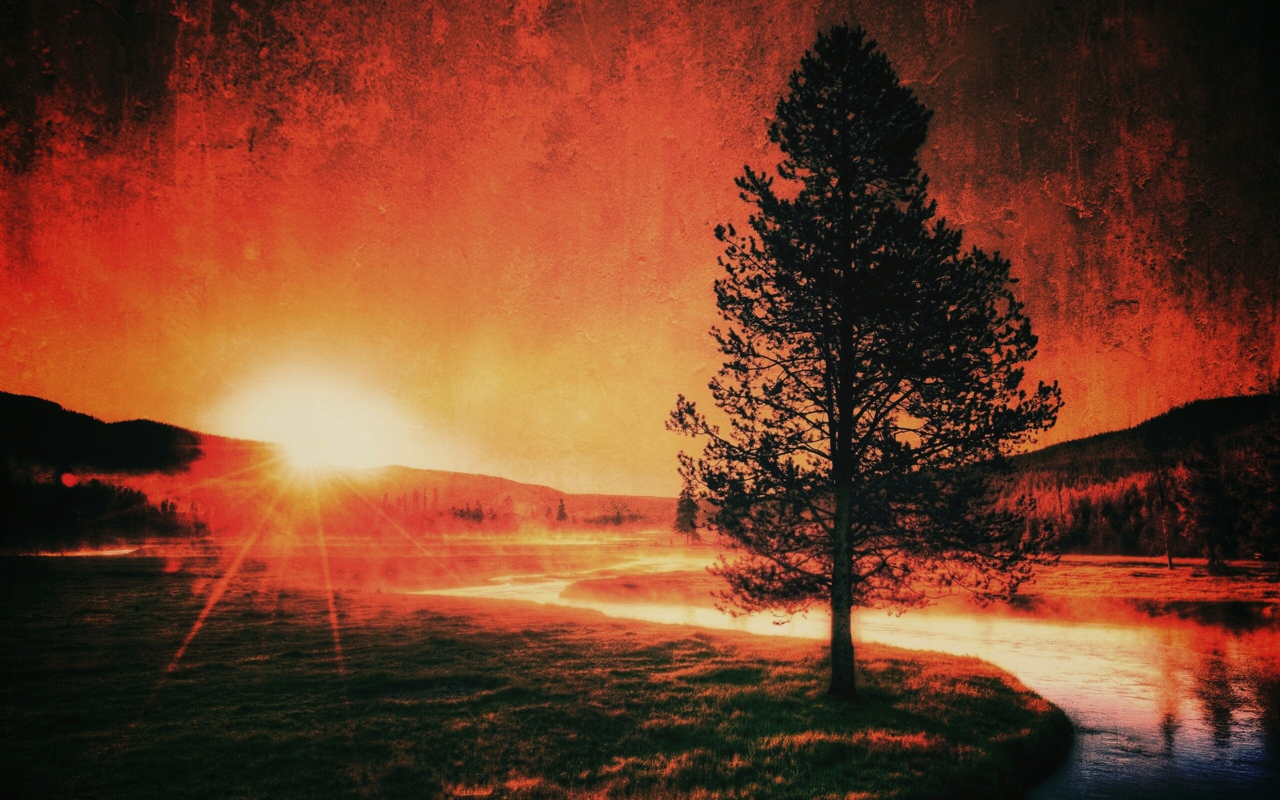 Закат за речкой обои