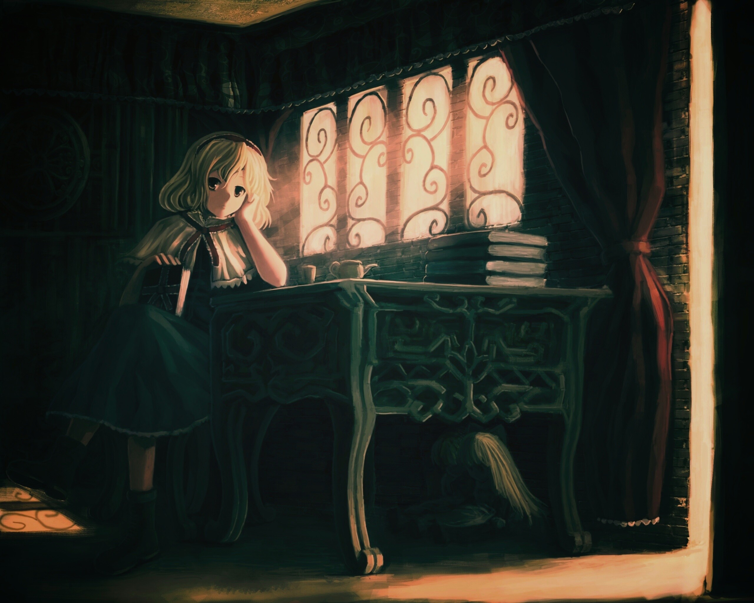 Девочка за столом с книгами обои