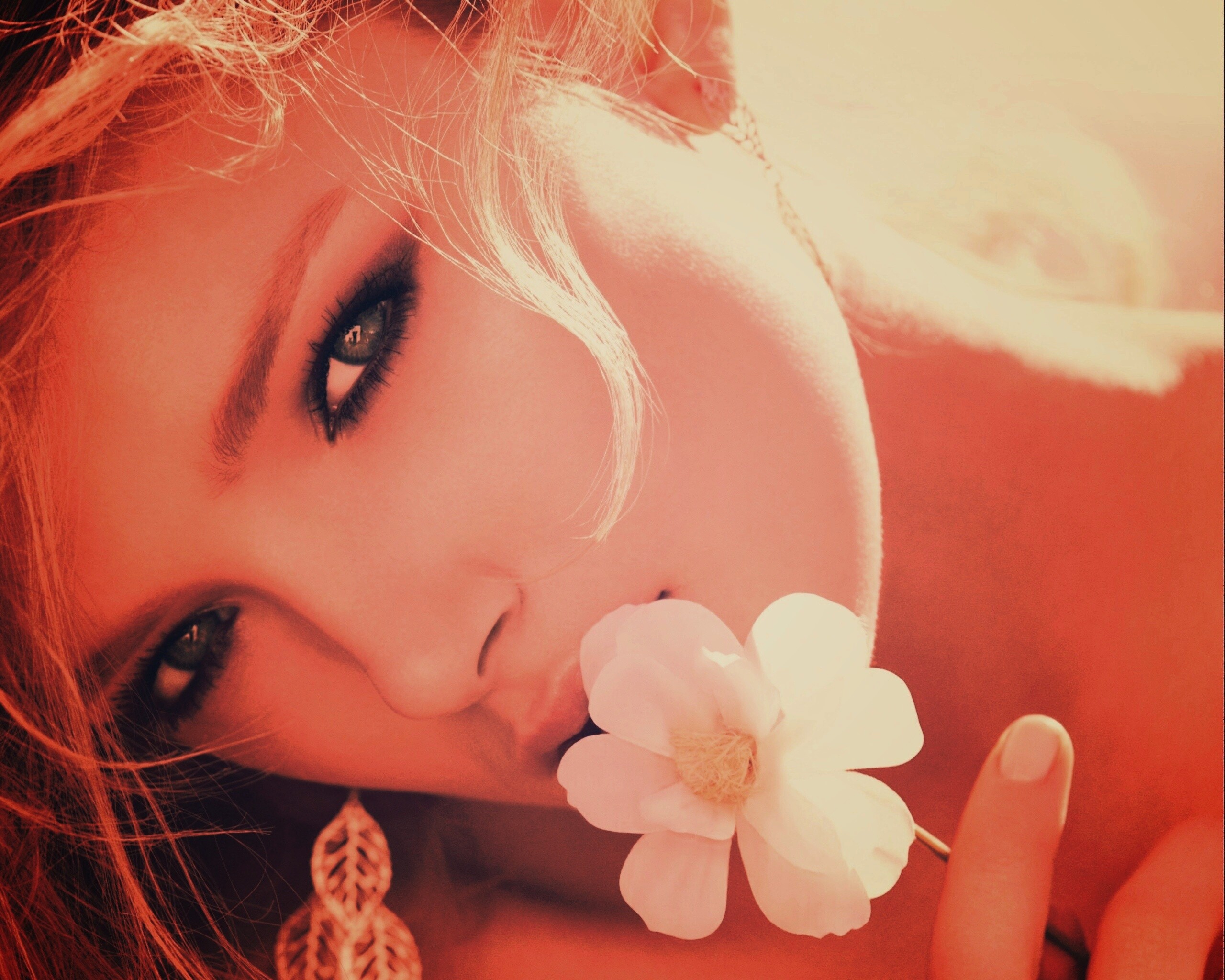 Красавица с белым цветком обои