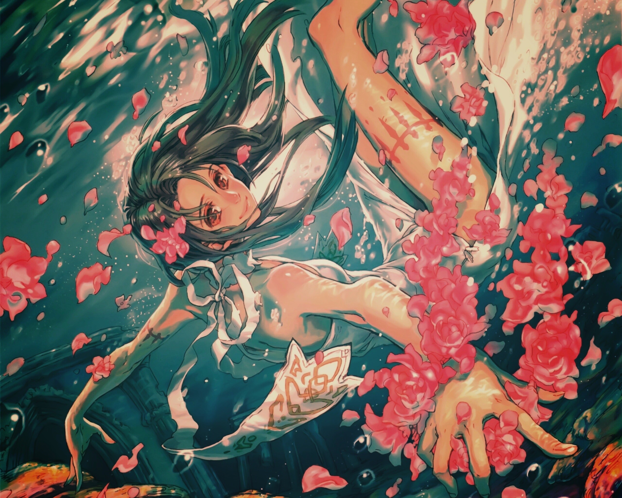 Девушка из аниме под водой обои