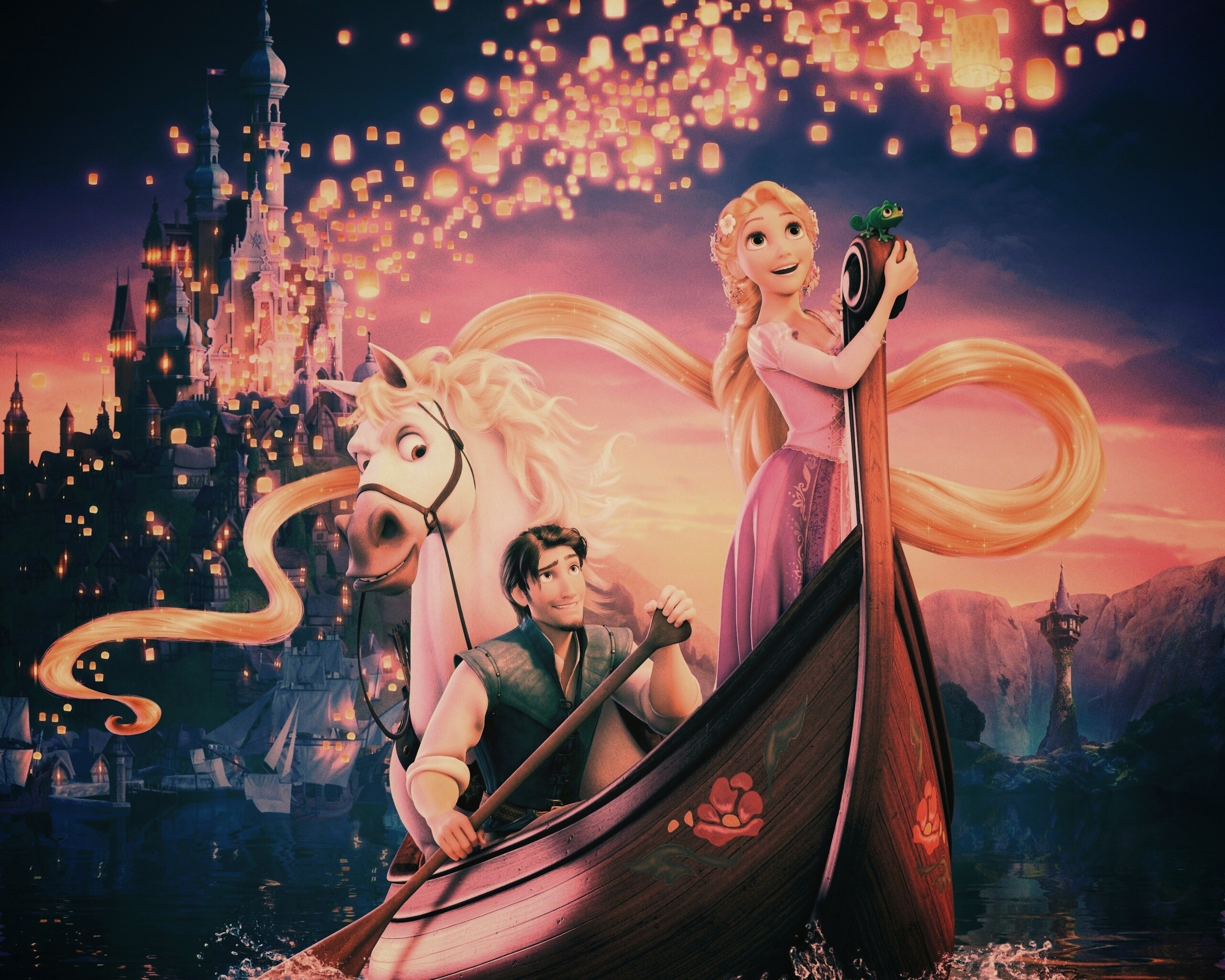Рапунцель принц и конь в лодке обои