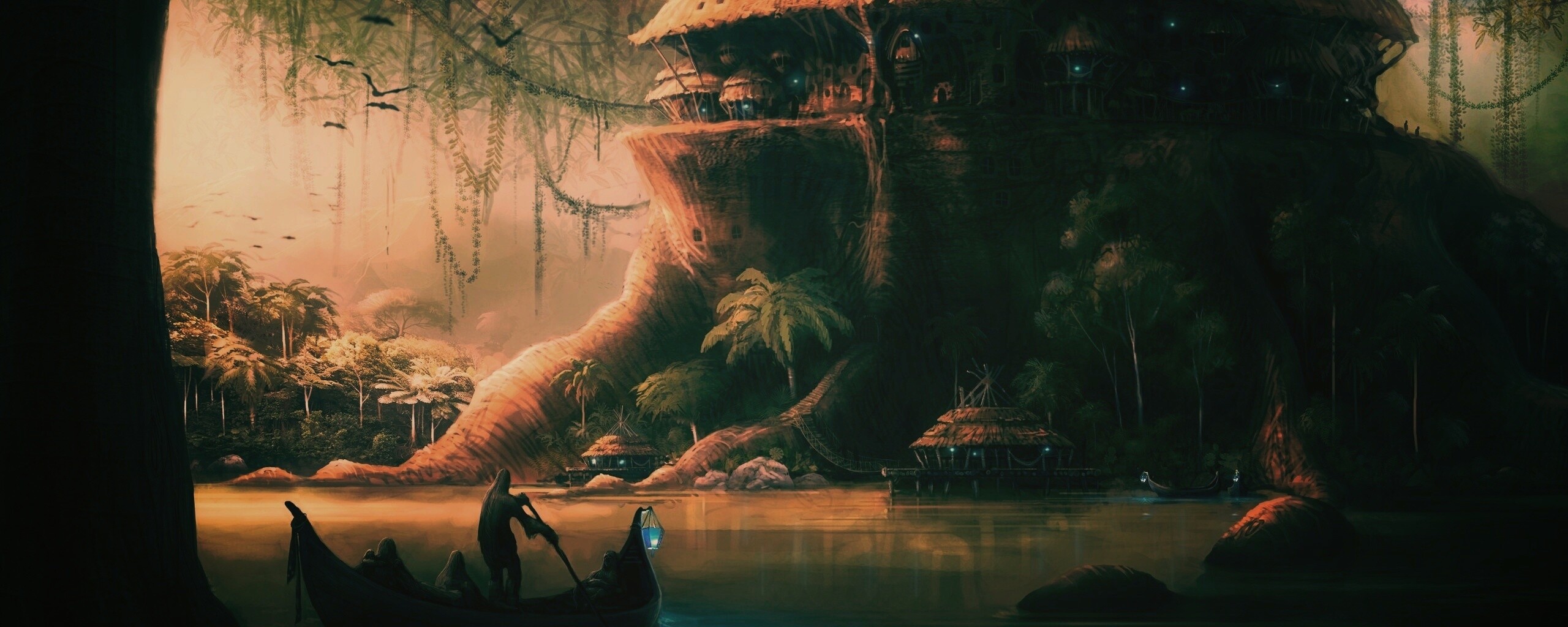 Город в стволе дерева обои