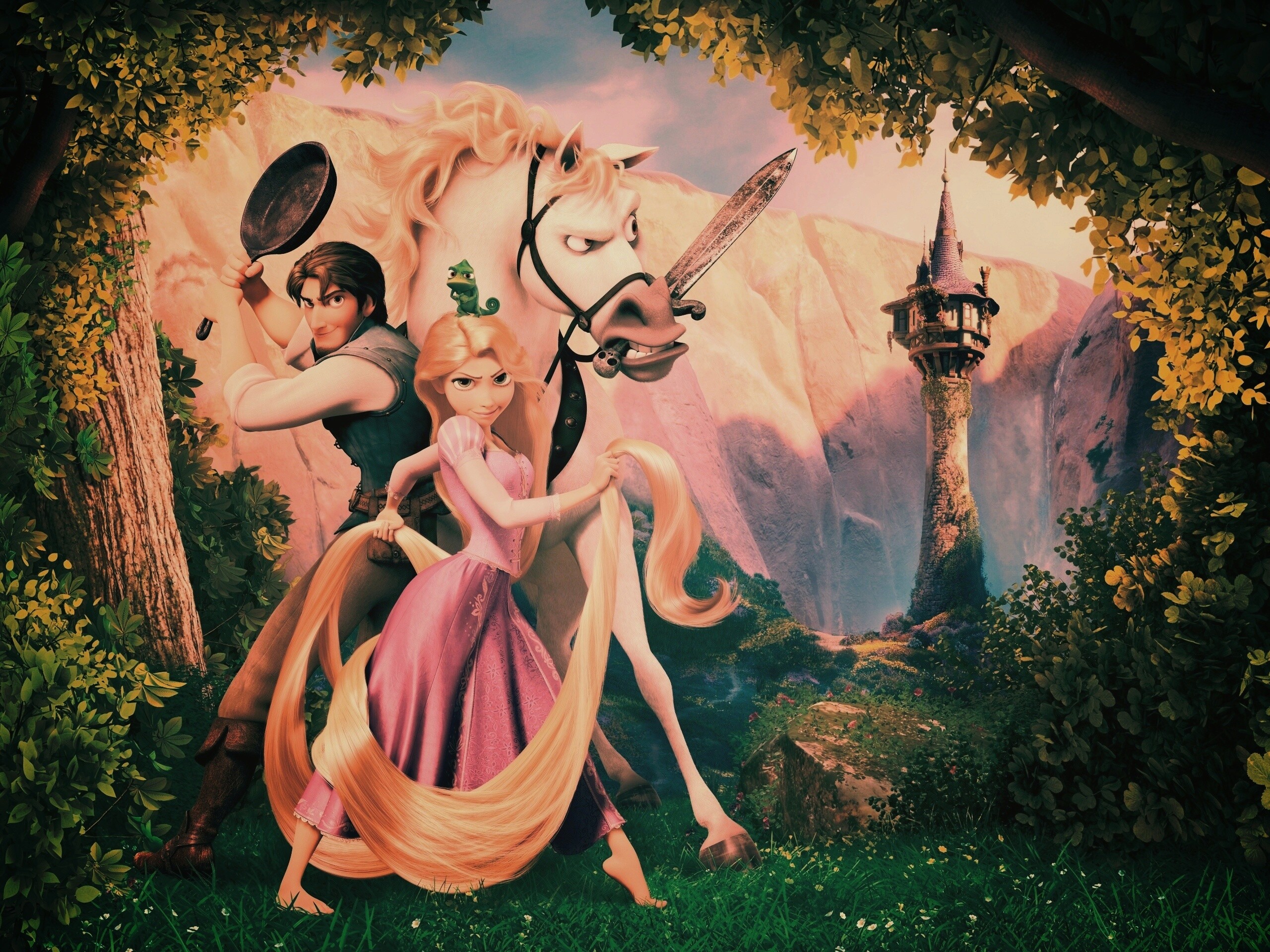 Рапунцель, Флин, Максимус и Паскаль обои