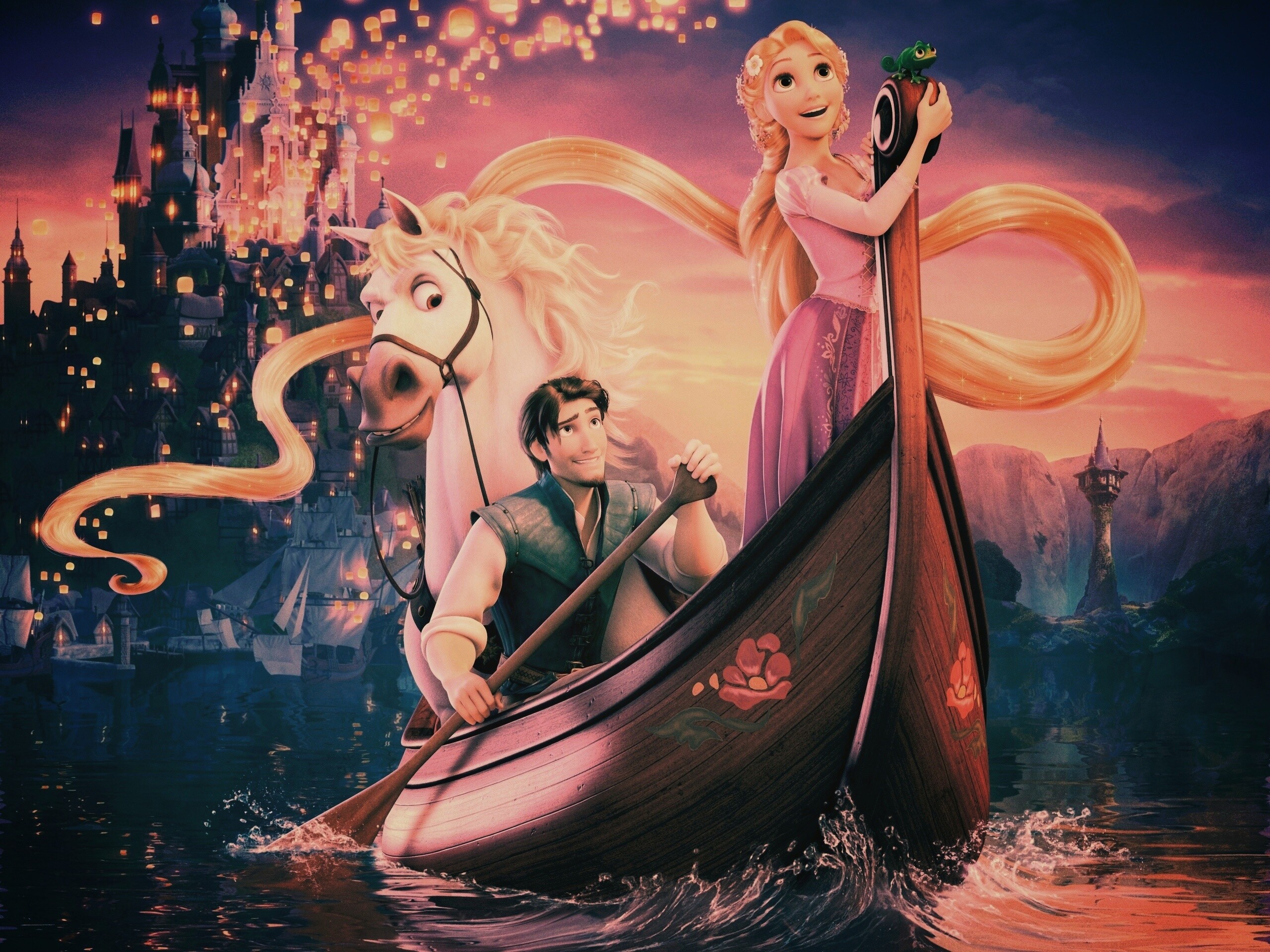 Рапунцель и Флин на лодке обои