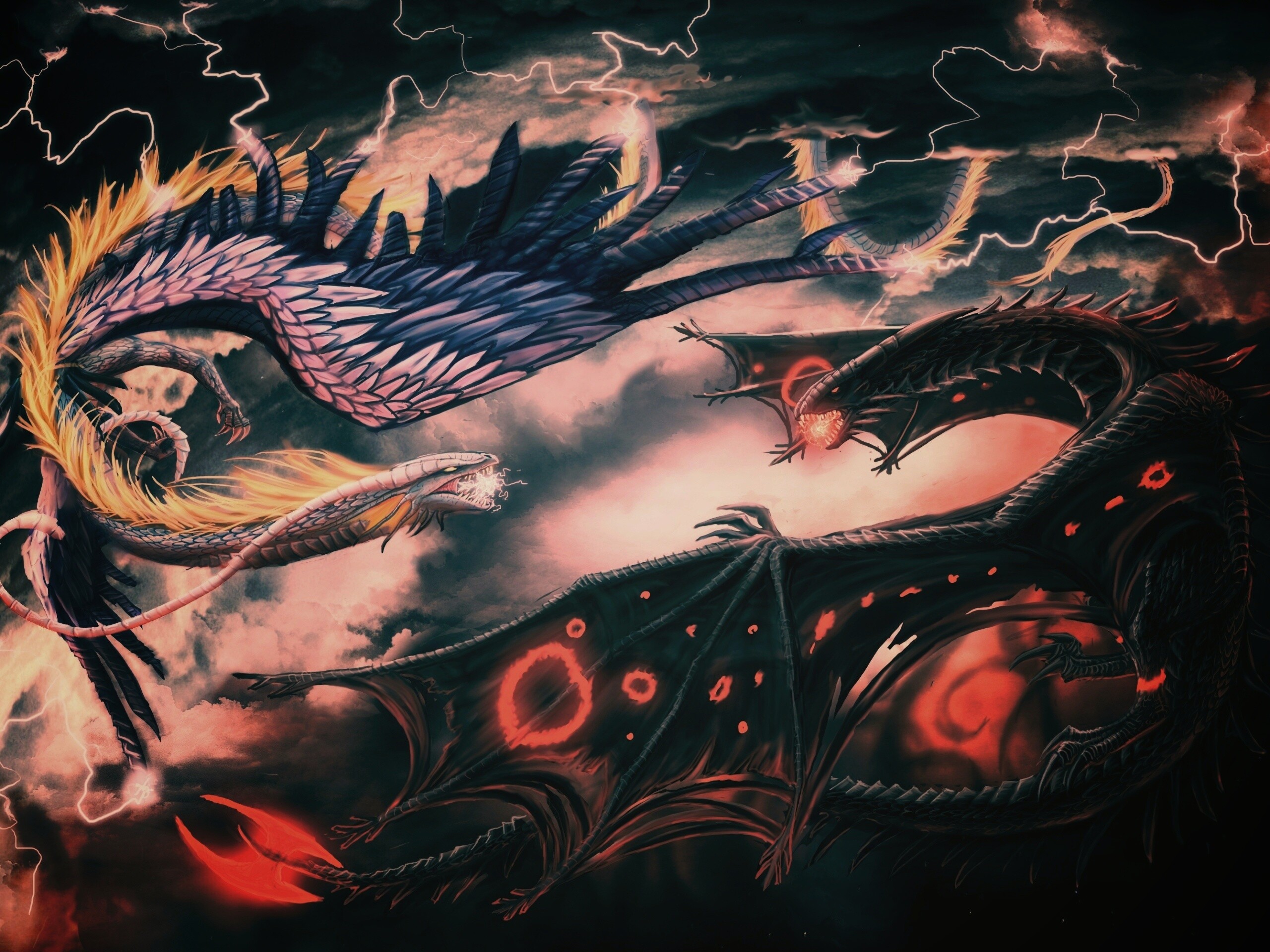 Живописная битва молнии и огня обои