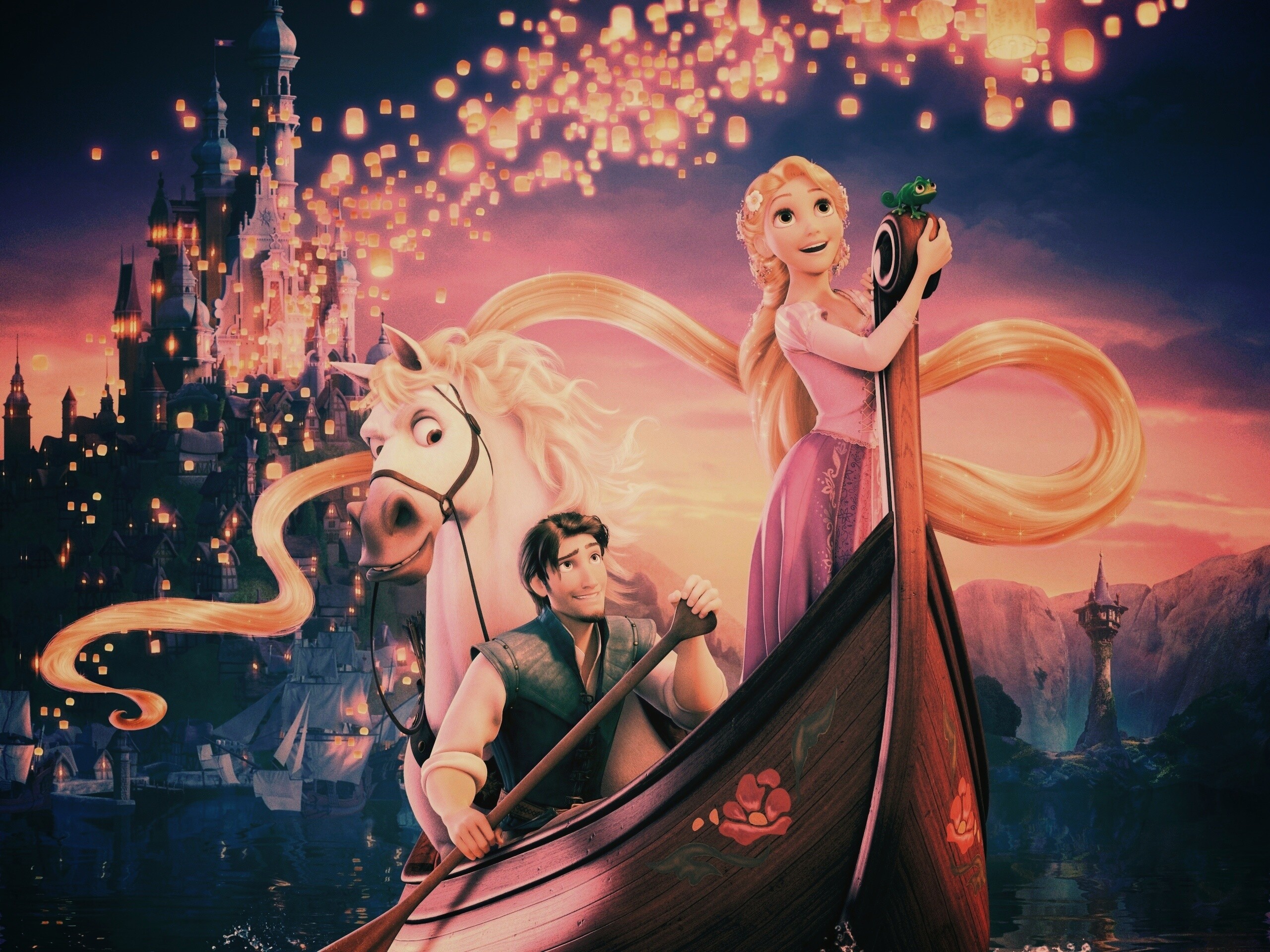 Рапунцель принц и конь в лодке обои
