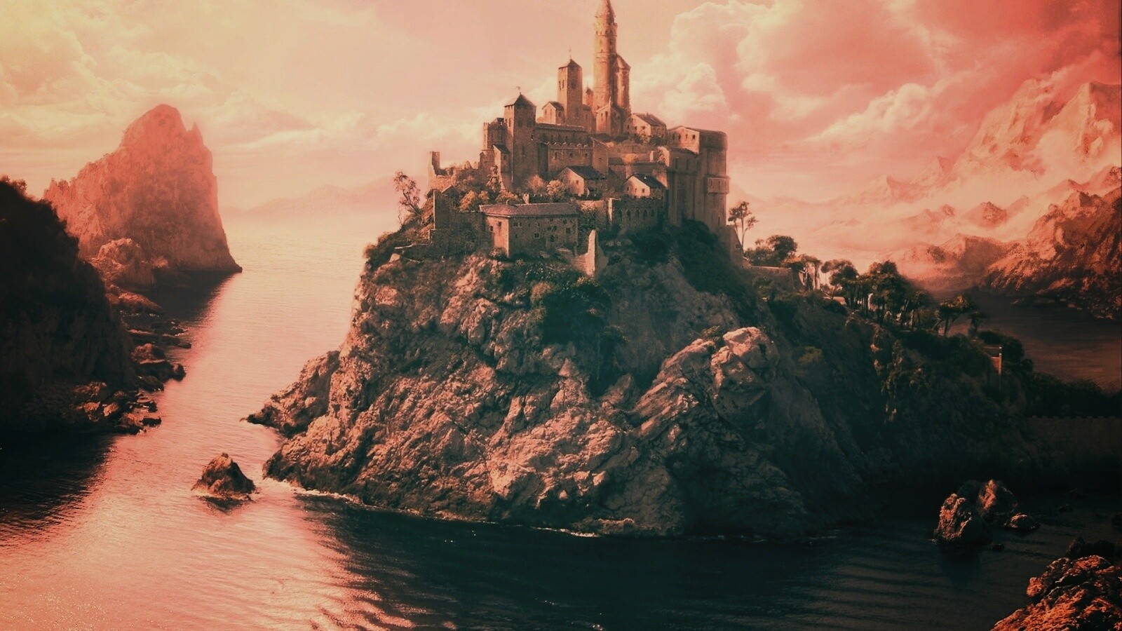 Замок на скале обои