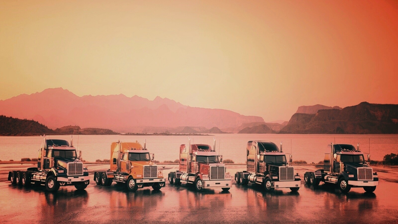 Тягачи на фоне озера обои