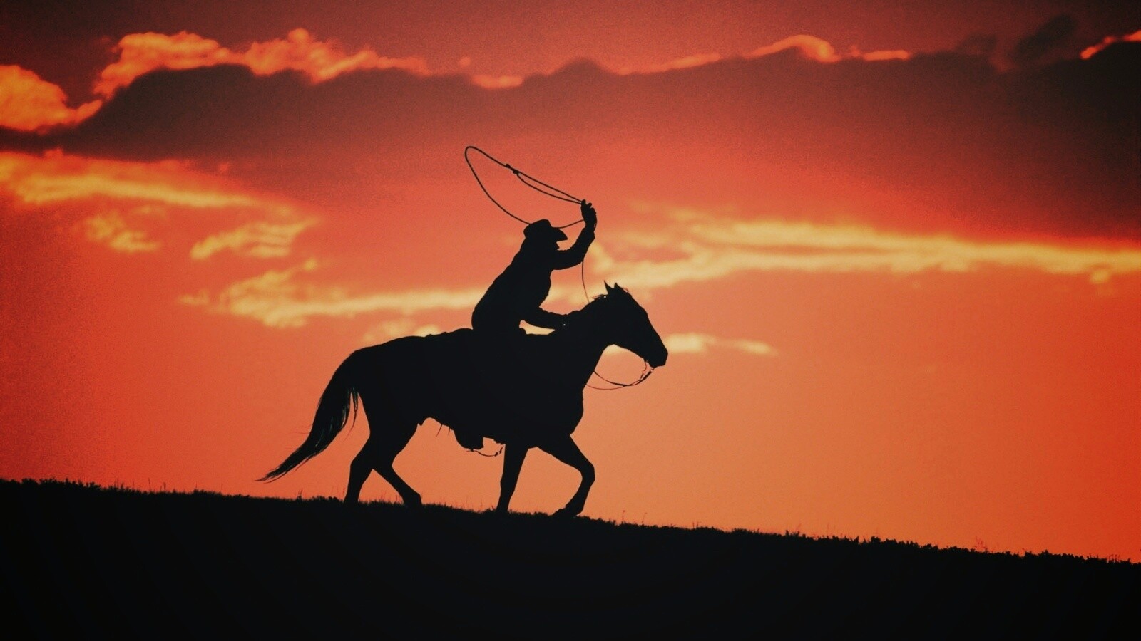 Силуэт ковбоя на закате обои