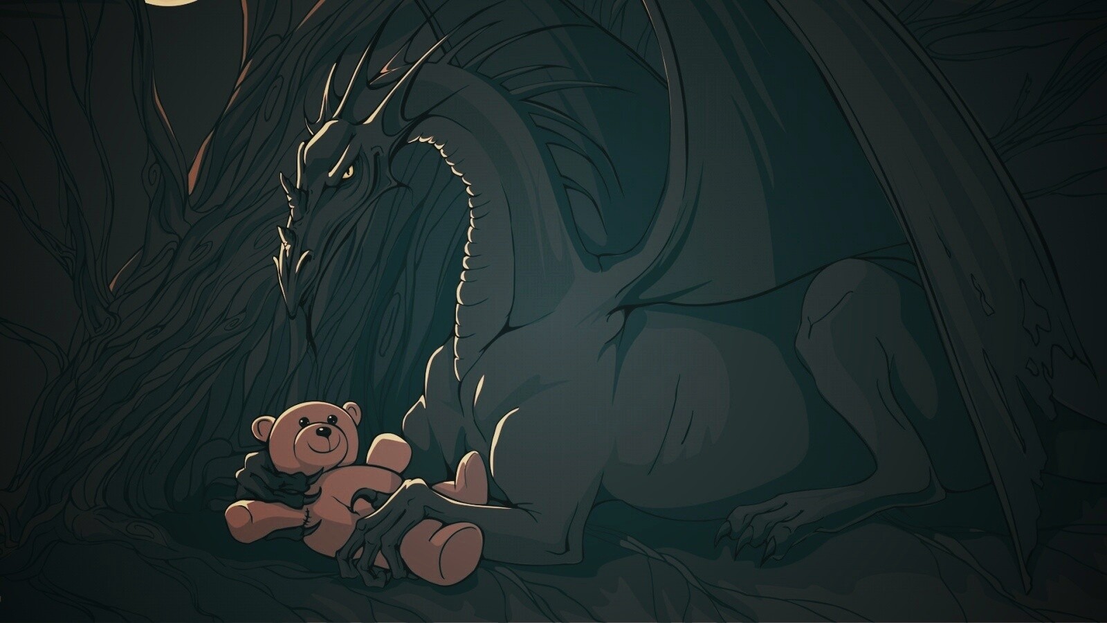 Дракон с любимой игрушкой обои