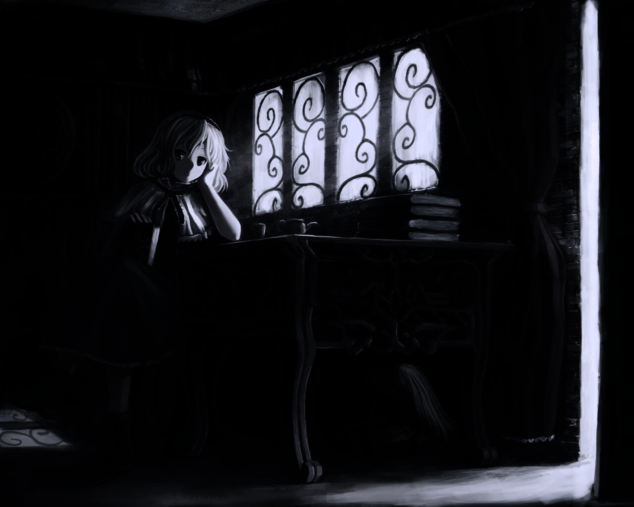 Девочка за столом с книгами обои