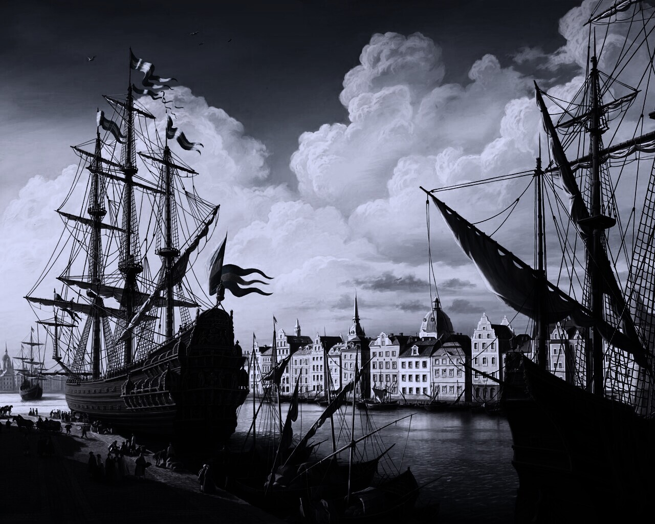 Парусник на набережной обои