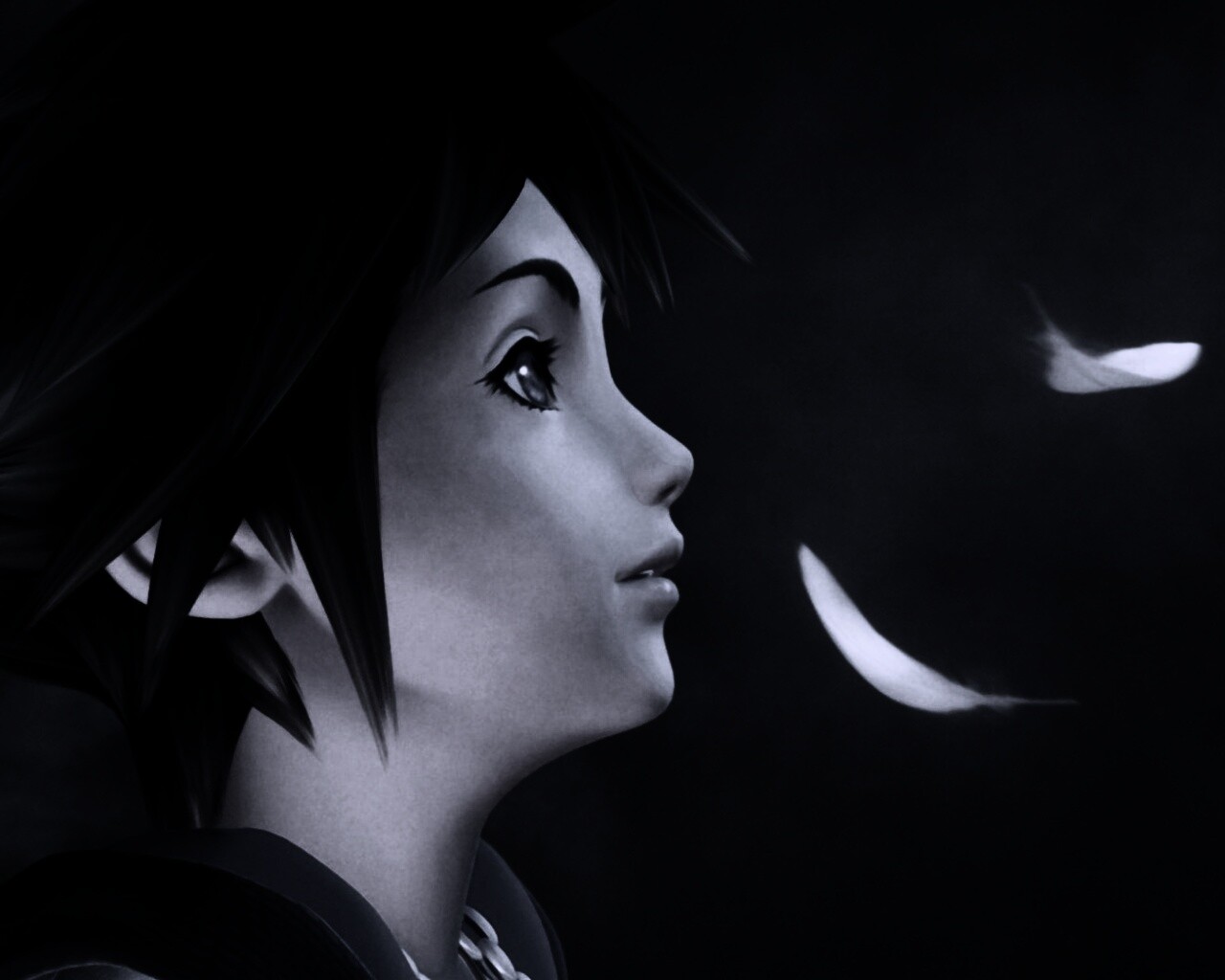 Анимешный парень и белые перья обои