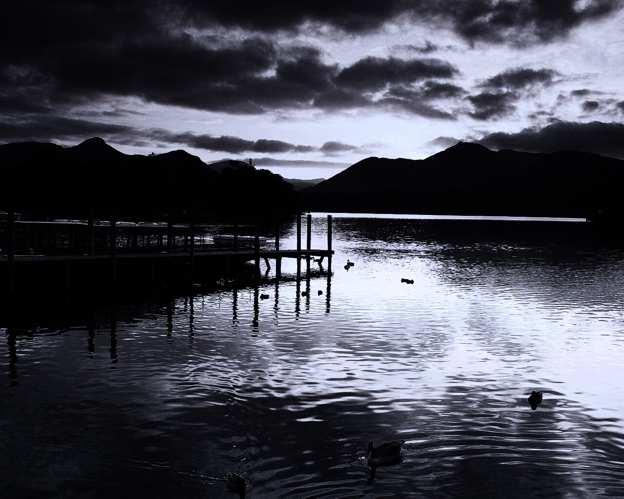 Причал на озере и утки обои