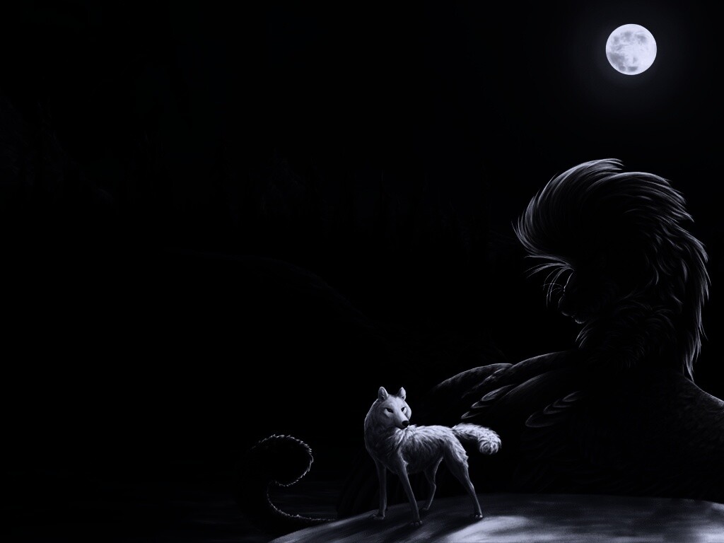 Волк и лев при луне обои