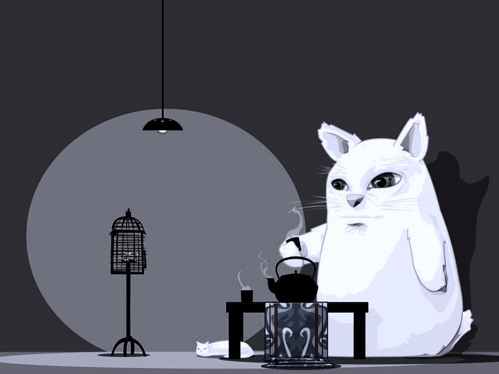 Кот пьет чай обои