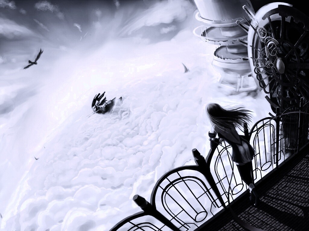 Девушка в городе над облаками обои