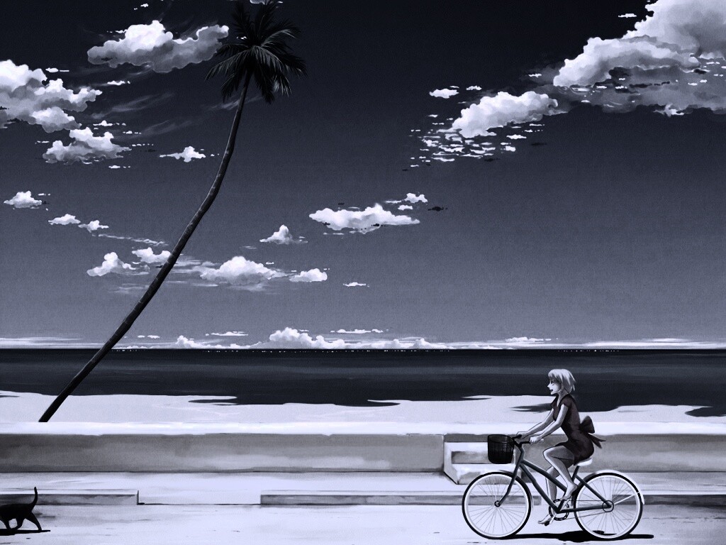 Девушка едет на велосипеде вдоль берега обои