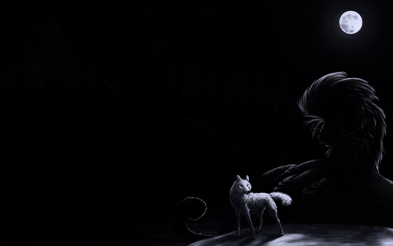 Волк и лев при луне обои