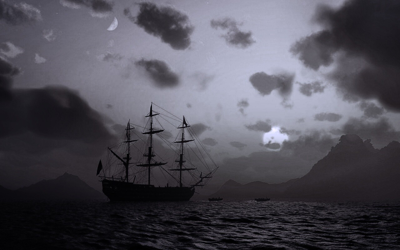 Трехпалубный парусный корабль на закате обои