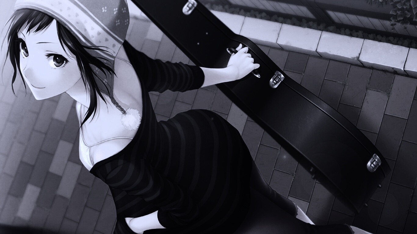 Девушка с гитарным чехлом обои