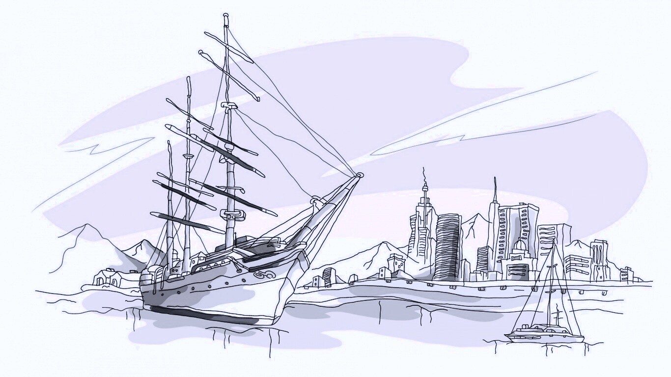 Парусник у города обои