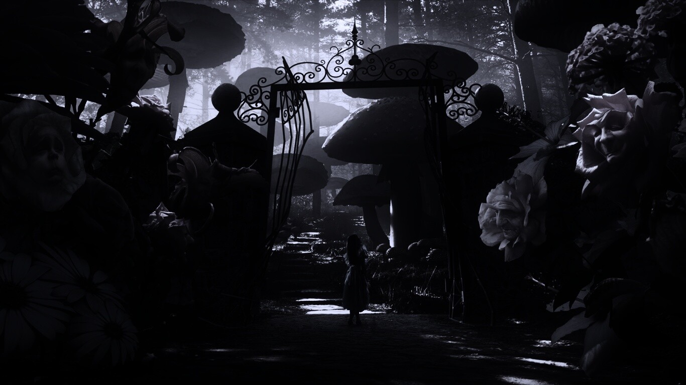 Алиса в стране чудес среди живых цветов обои