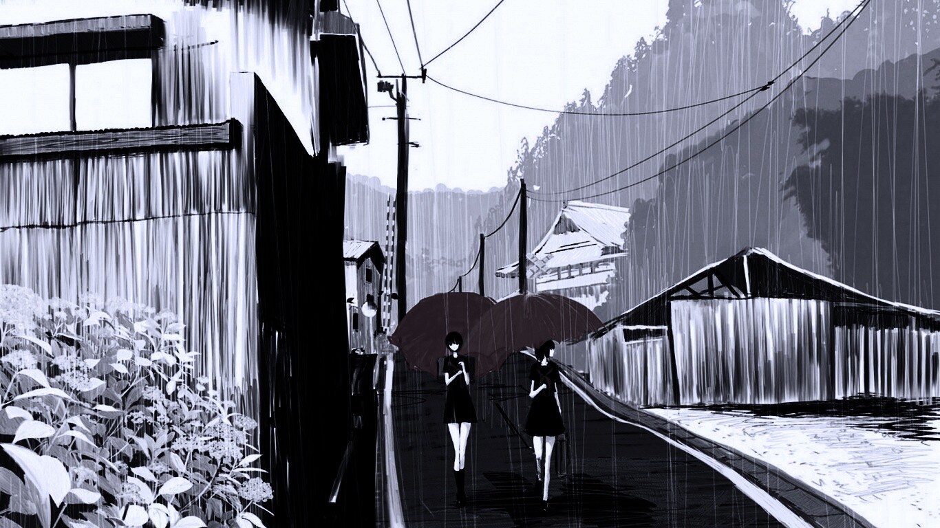 Девушки с красными зонтами обои