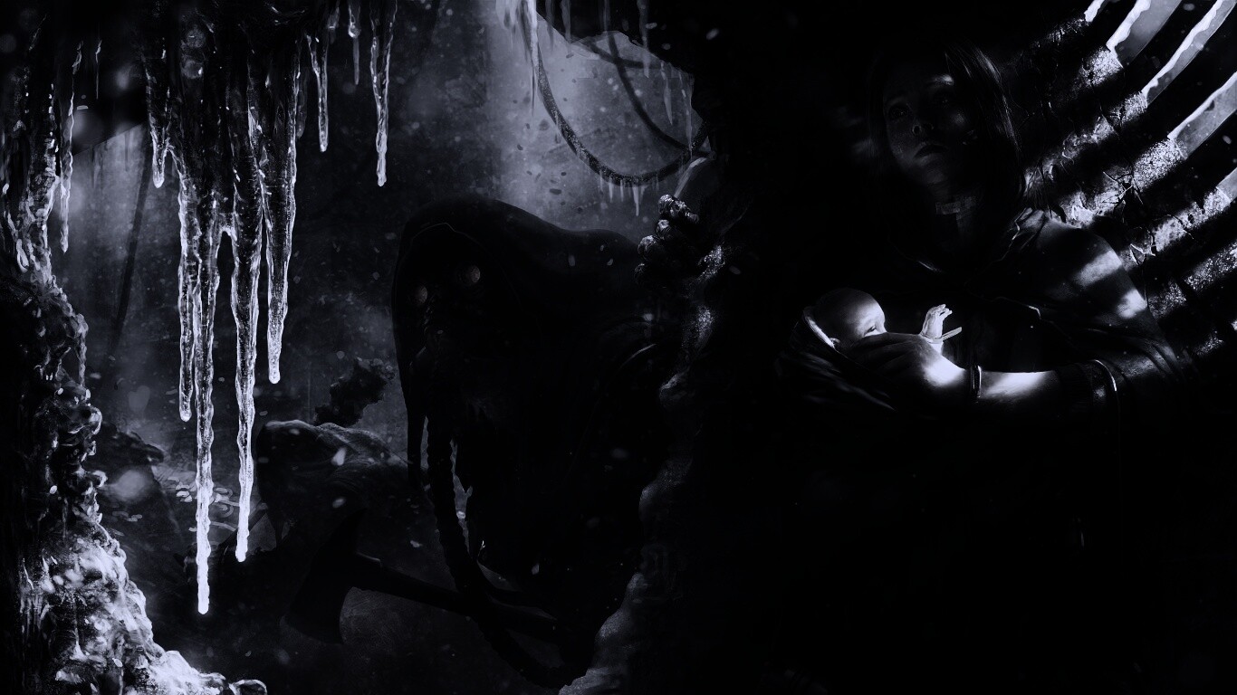 Девушка с ребенком прячется от монстра обои