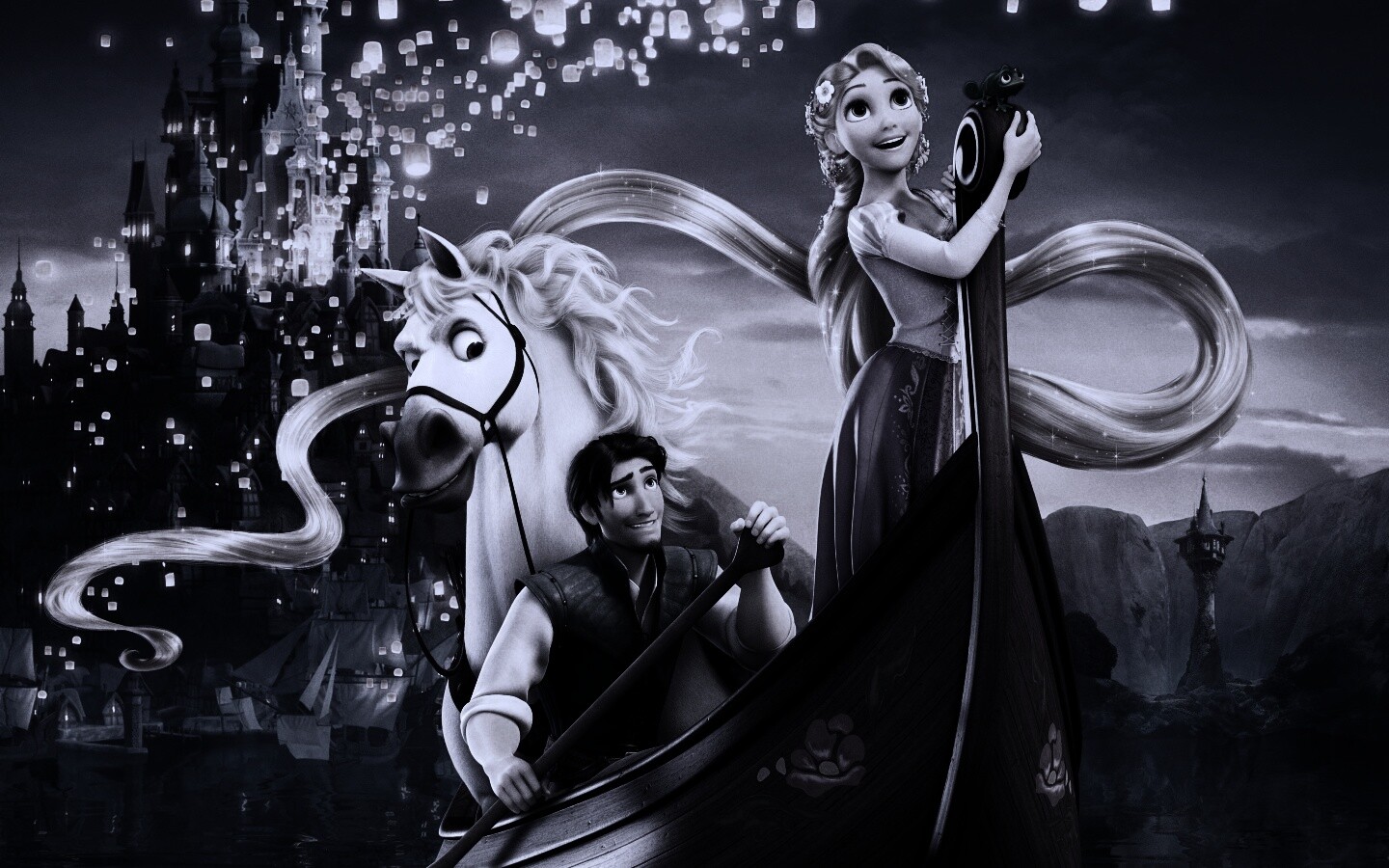 Рапунцель и Флин на лодке обои