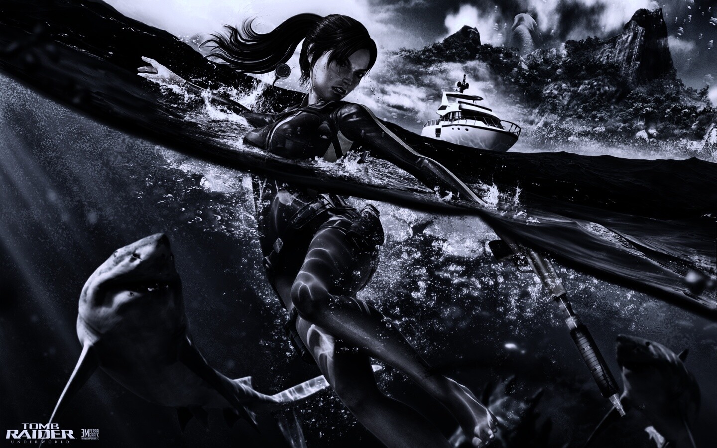 Лара Крофт против акул обои