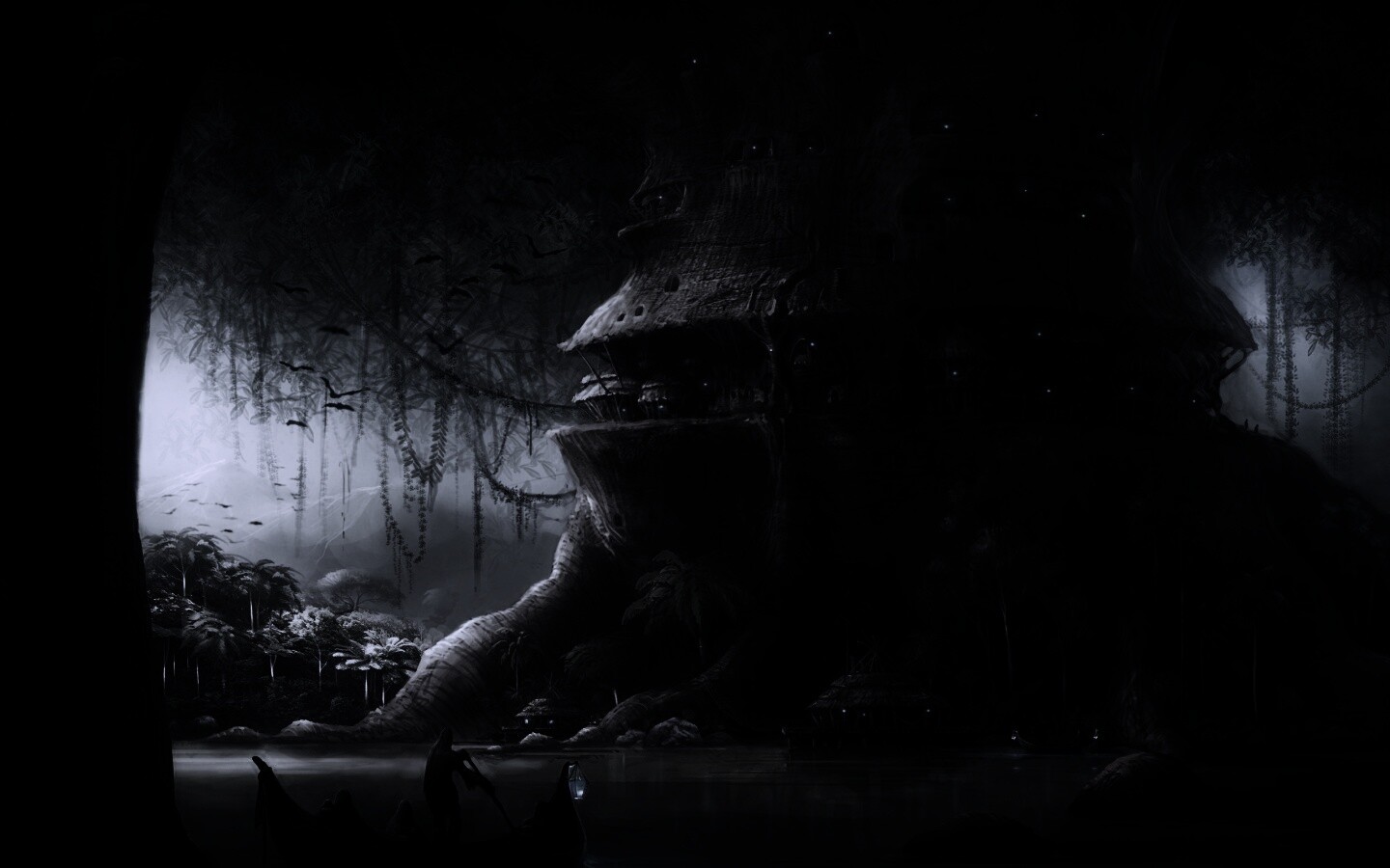 Город в стволе дерева обои