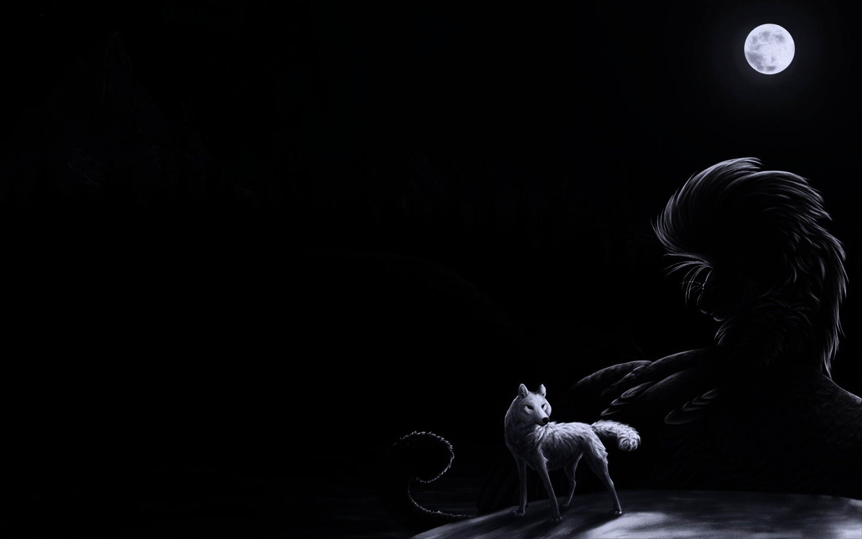 Волк и лев при луне обои