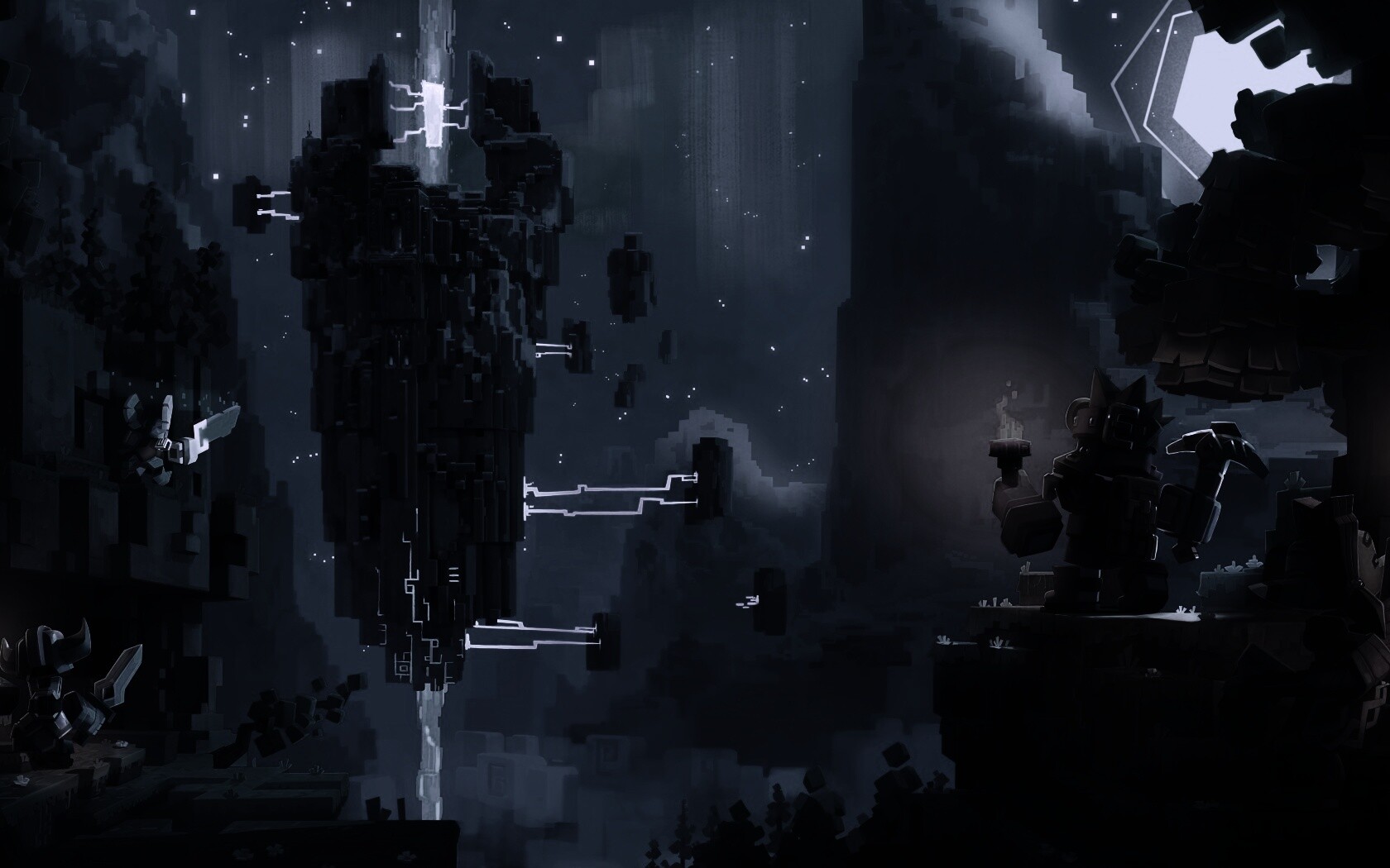 Парень с киркой и факелом смотрит в даль обои