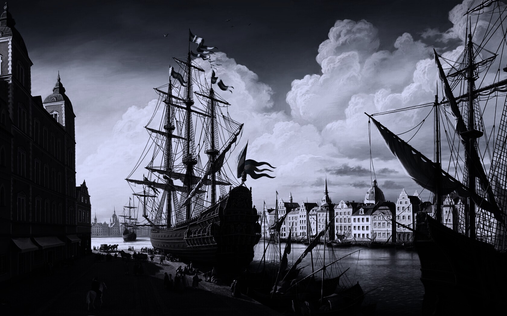 Парусник на набережной обои