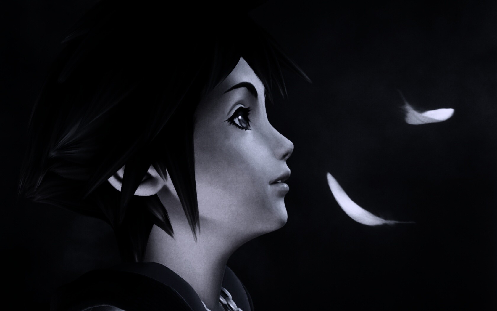 Анимешный парень и белые перья обои