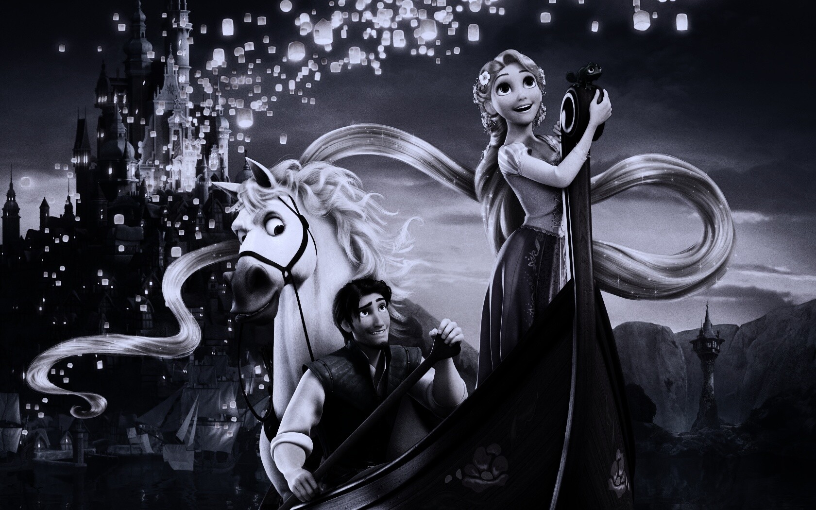 Рапунцель принц и конь в лодке обои