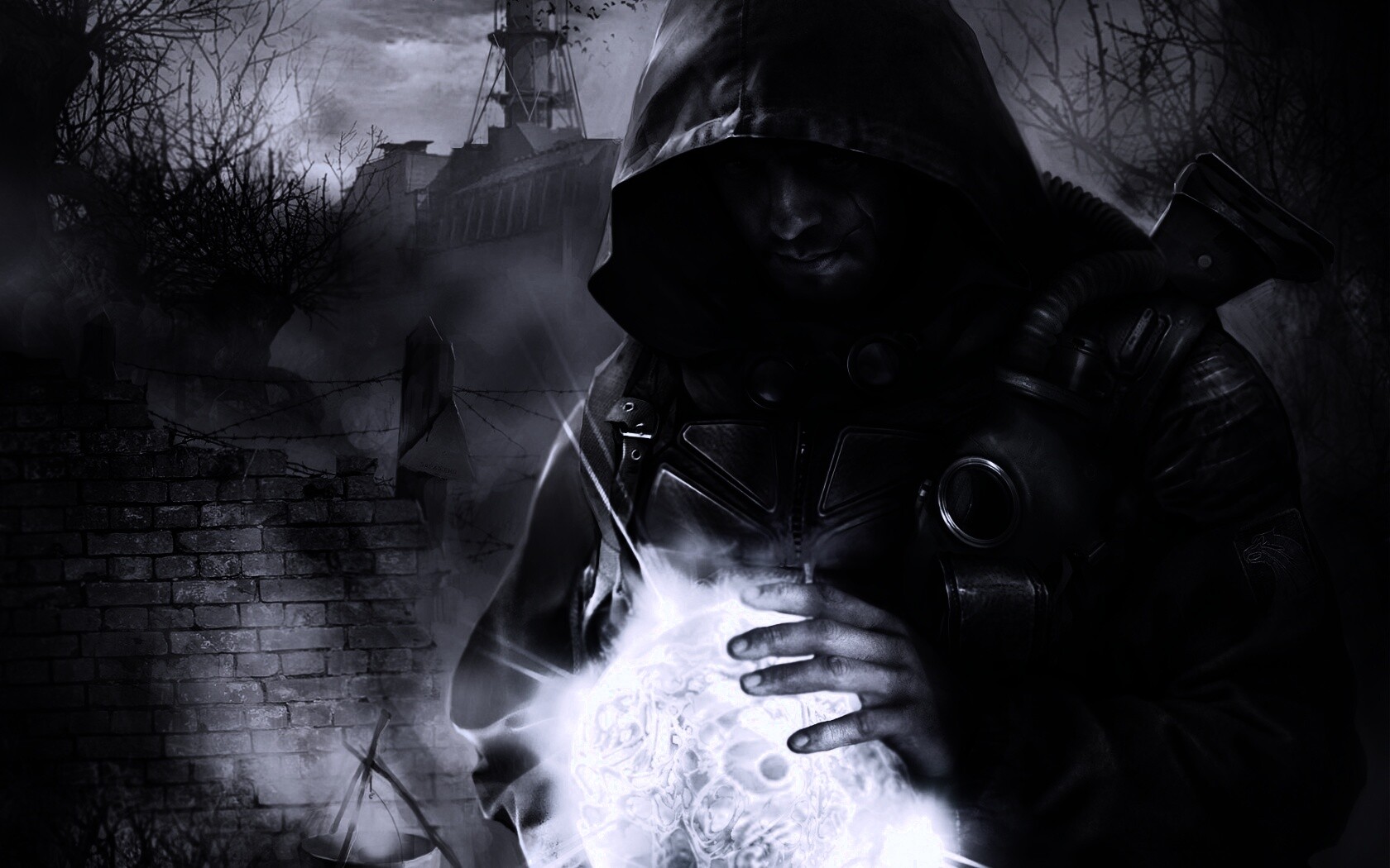 Сталкер с энергетическим артефактом в руках обои