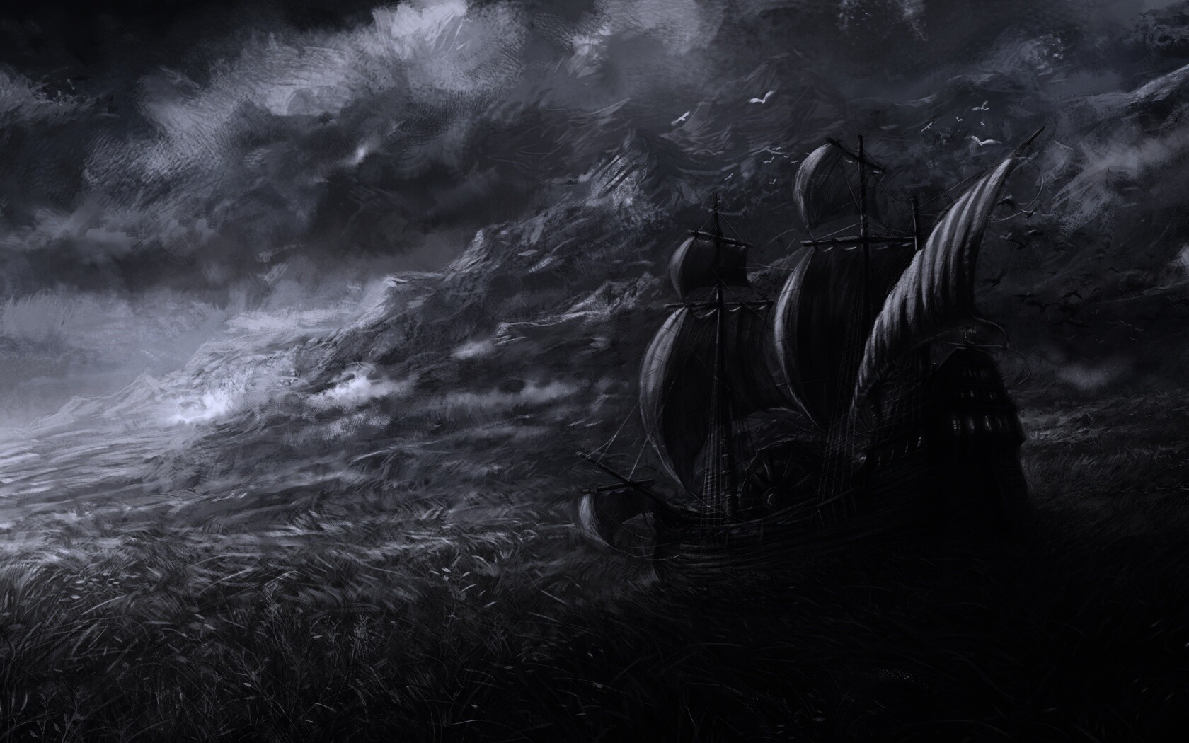 Корабль в море травы обои