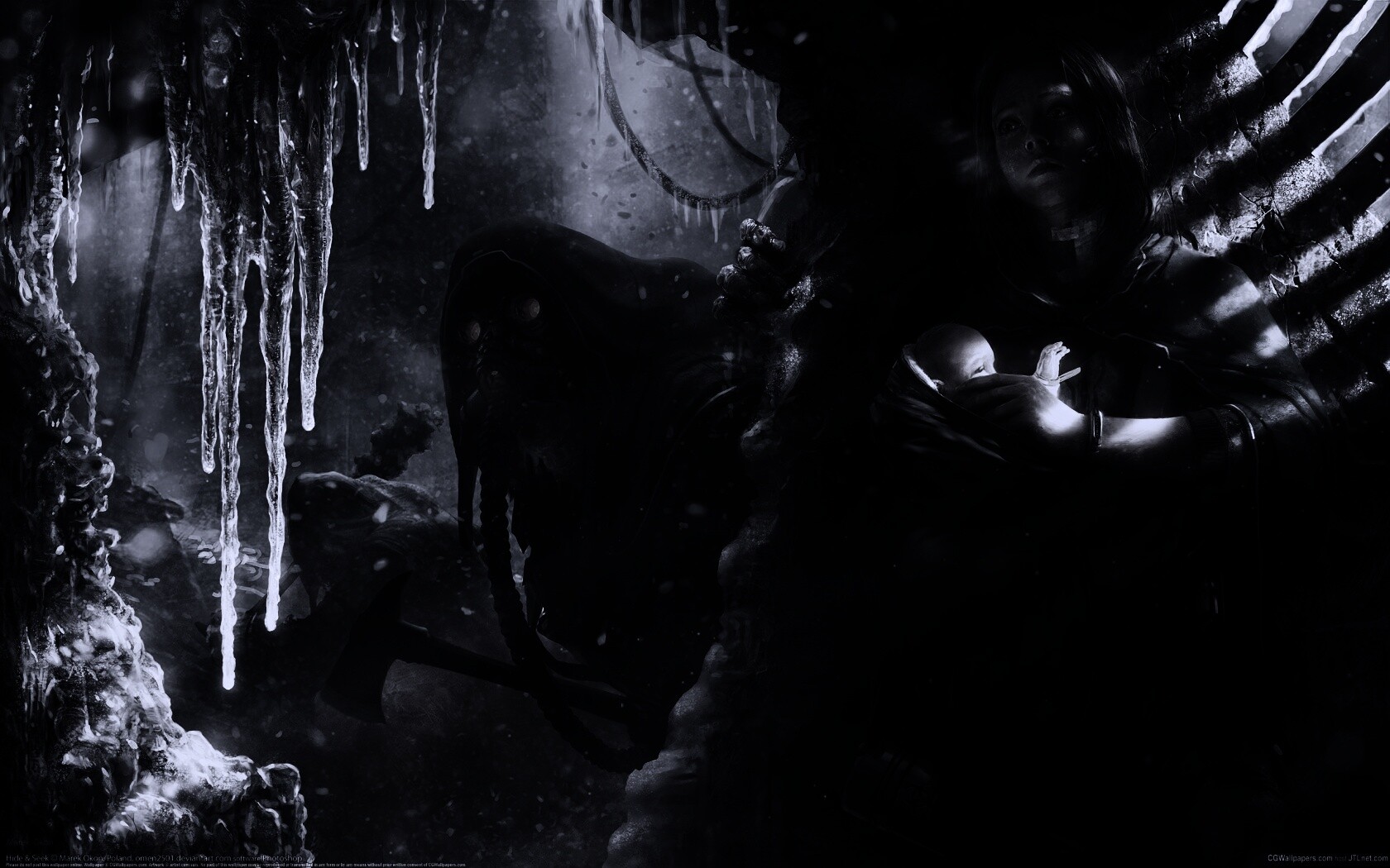 Девушка с ребенком прячется от монстра обои