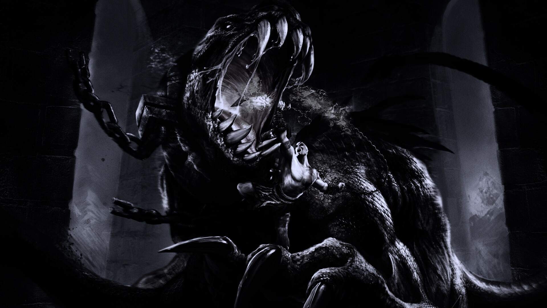 Кратос против динозавра обои